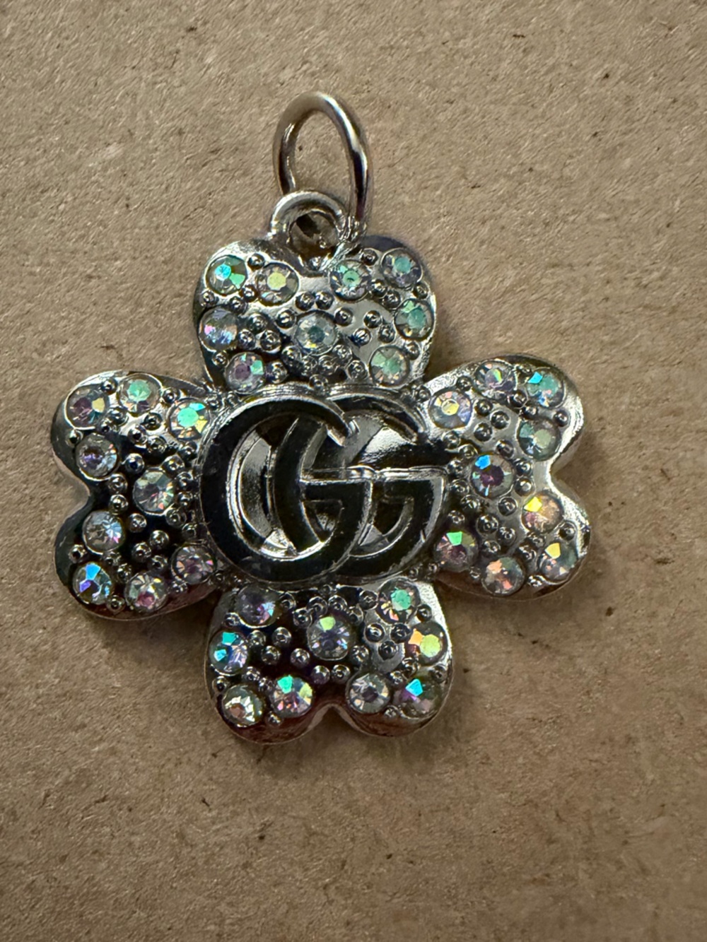 Gucci Silver Four-Leaf Crystal Charm Pendant with Iridescent Stones